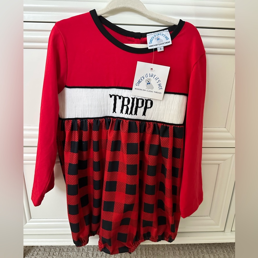Red and Black Smocked Plaid “Tripp” Romper